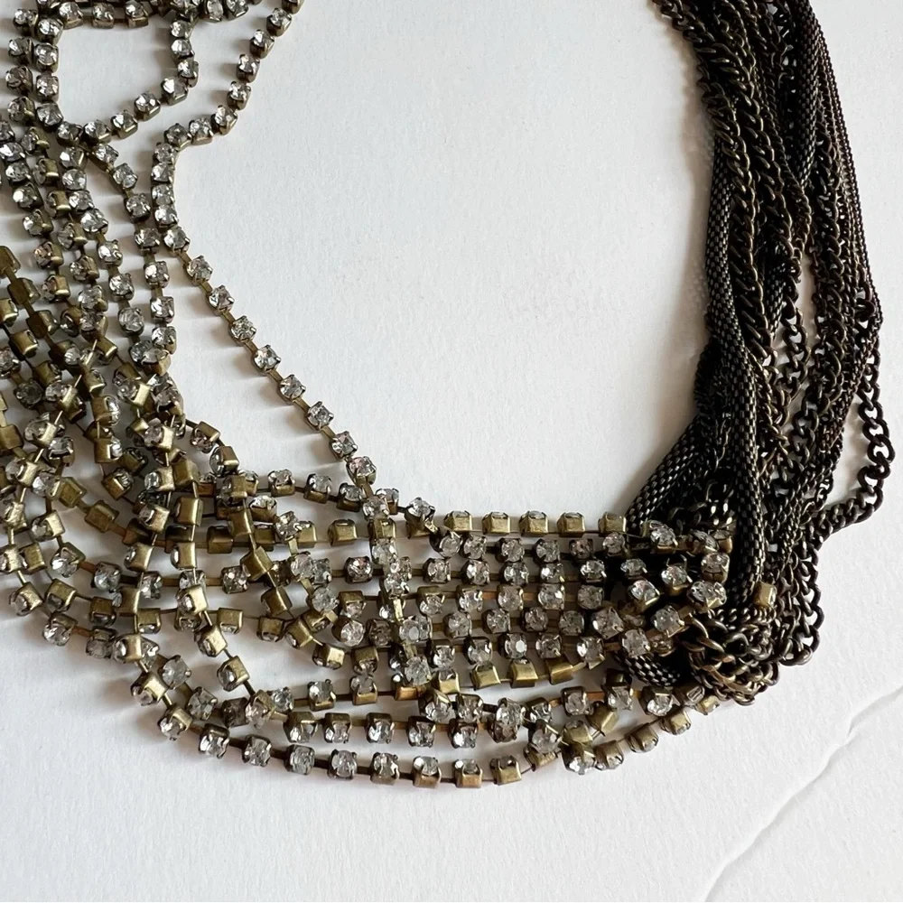 Multi layer chain rhinestone statement necklace brass gold indie y2k - Picture 5 of 9
